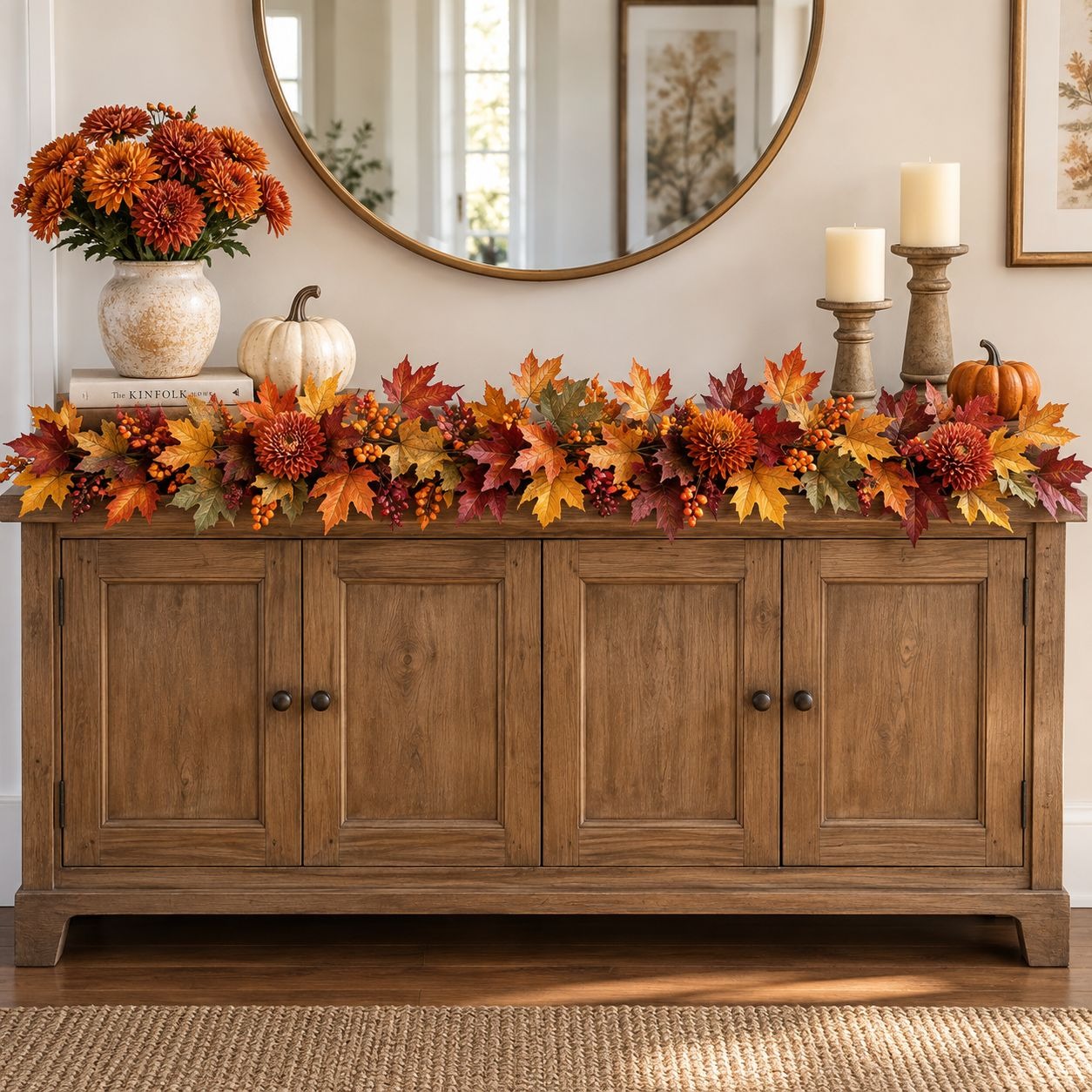 A rustic wooden sideboard decorated with an autumn leaf garland, pumpkins, a vase of orange chrysanthemums, and candle holders, set in a warmly lit home interior.