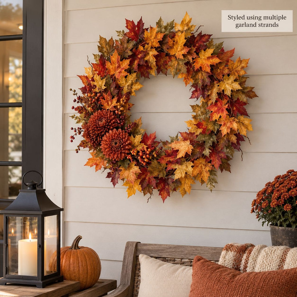 An autumn-themed artificial garland wreath with colorful maple leaves, pinecones, and berries, hanging on a white shiplap wall in a styled porch setting with a lantern, pumpkin, and cushions.