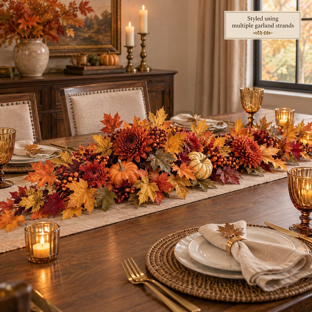 An autumn-themed dining table runner centerpiece made of faux fall leaves, pumpkins, berries, and ribbons, styled on a wooden dining table with place settings and candles in a warm, decorated dining room.