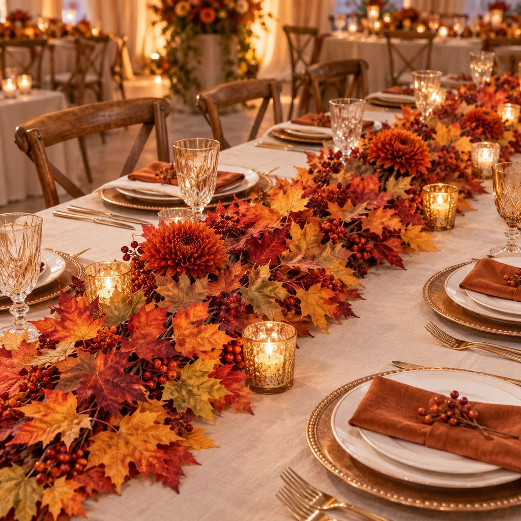 An autumn-themed table runner centerpiece with colorful fall leaves, red berries, and lit gold glass candleholders on a white tablecloth, set in a warmly lit event venue.
