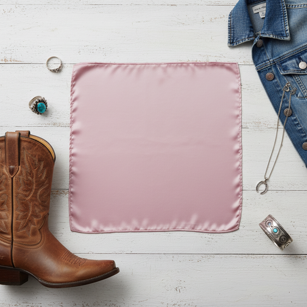 Soft dusty rose pink satin scarf 19x19 solid color flat lay with western accessories