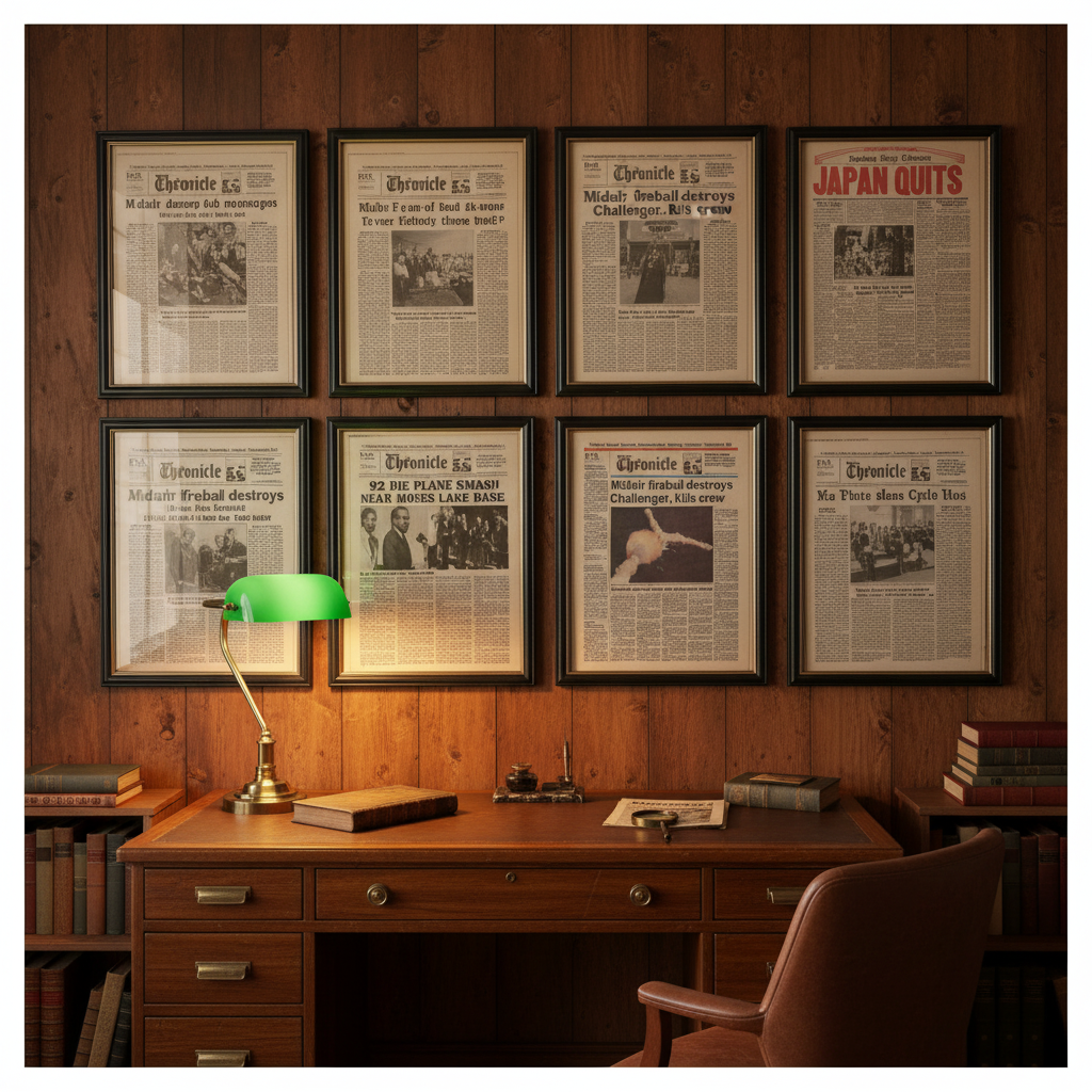 Spokane Chronicle newspapers displayed in frames on wall