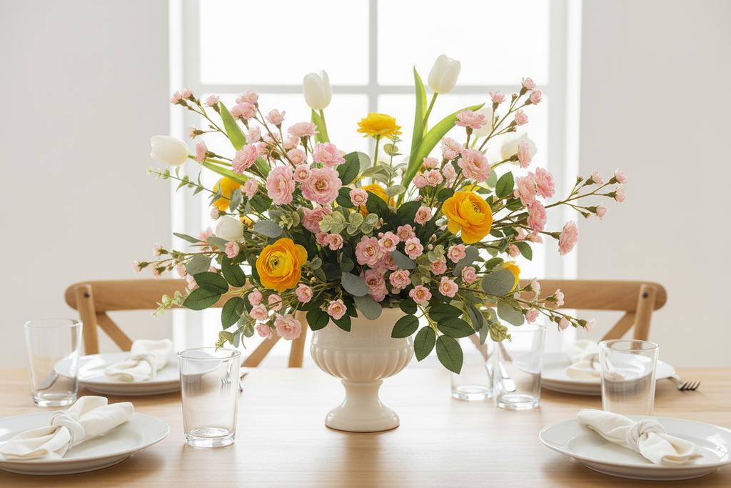 Spring Tablescape — Pink Blooms Yellow Ranunculus White Tulips