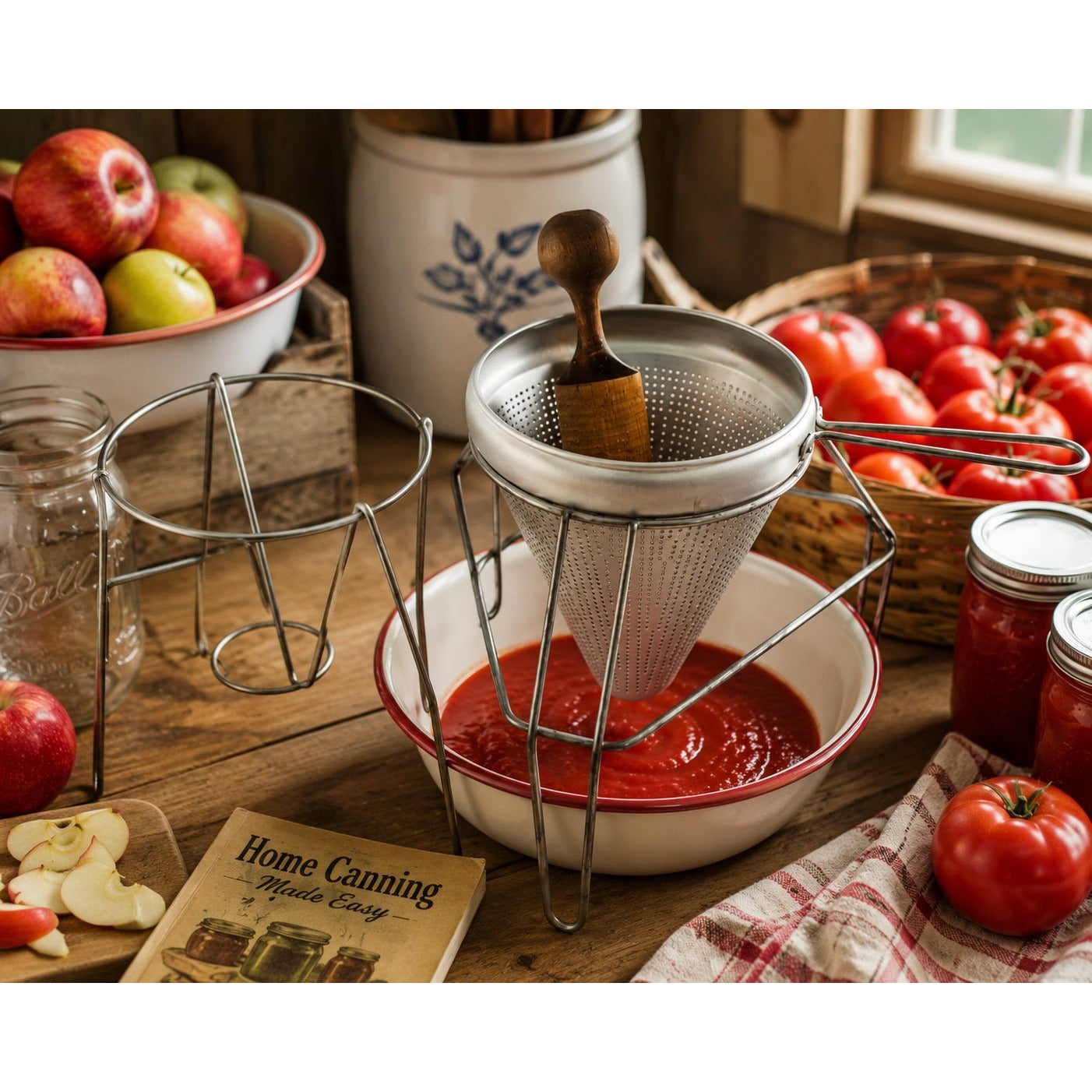 Vintage Aluminum Chinois Cone Strainer Sieve Food Mill With Wooden Pestle & 2 Wire Stands Applesauce Tomato Sauce Maker
