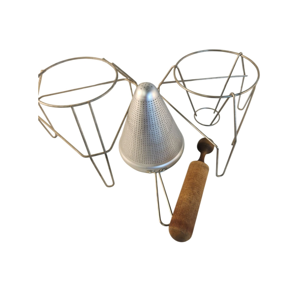 Vintage Aluminum Chinois Cone Strainer Sieve Food Mill With Wooden Pestle & 2 Wire Stands Applesauce Tomato Sauce Maker