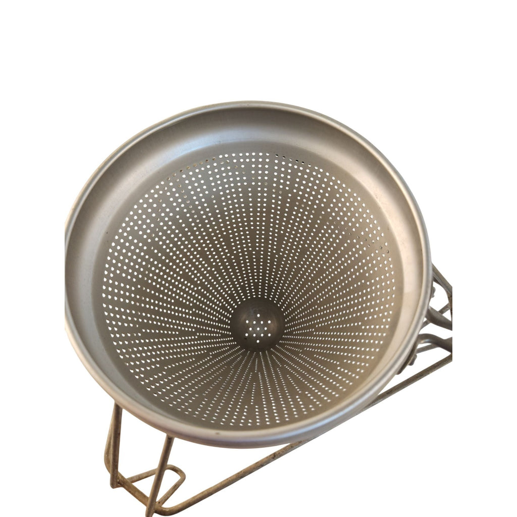 Vintage Aluminum Chinois Cone Strainer Sieve Food Mill With Wooden Pestle & 2 Wire Stands Applesauce Tomato Sauce Maker