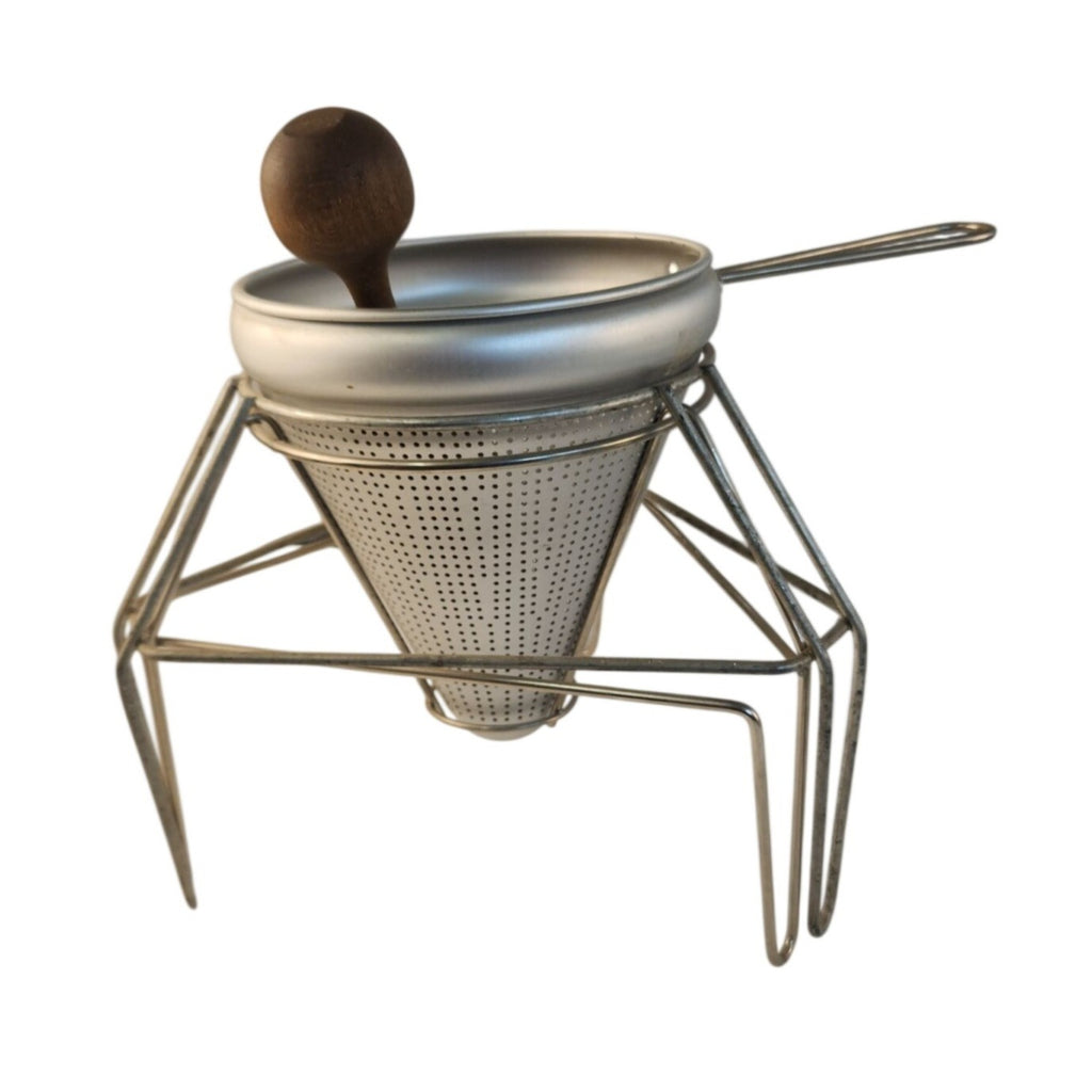 Vintage Aluminum Chinois Cone Strainer Sieve Food Mill With Wooden Pestle & 2 Wire Stands Applesauce Tomato Sauce Maker