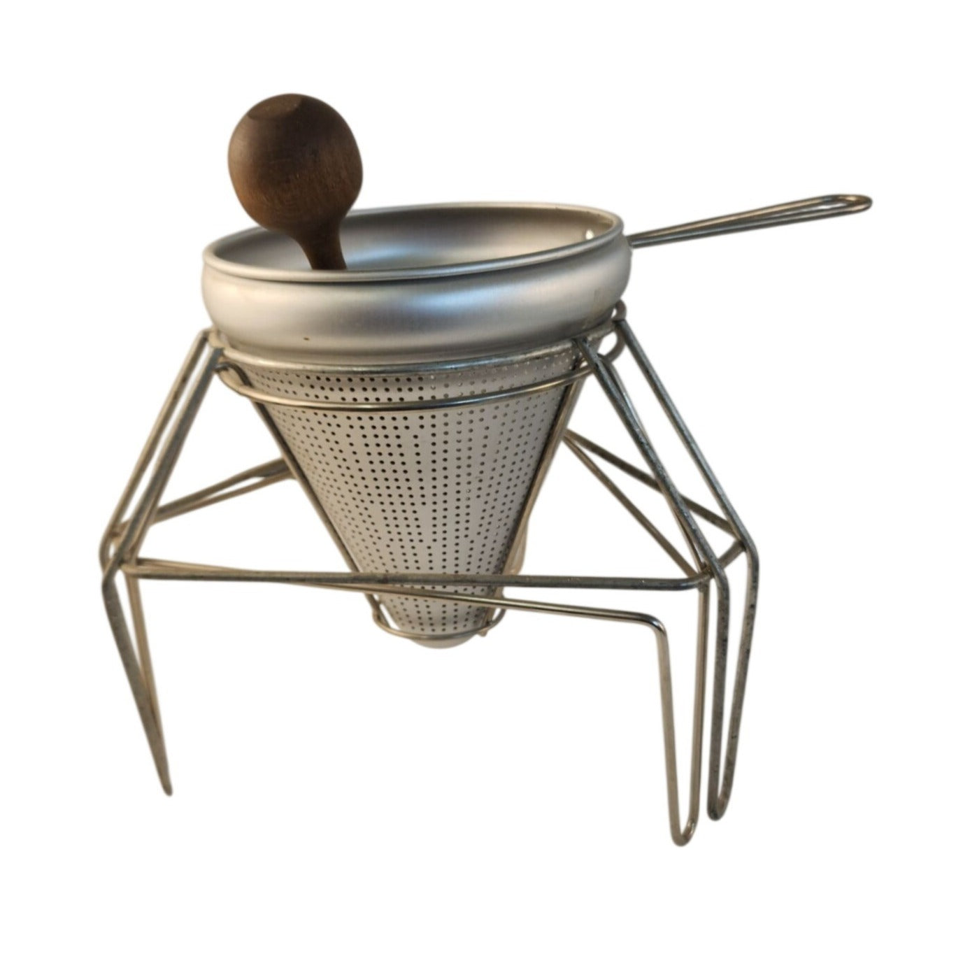 Vintage Aluminum Chinois Cone Strainer Sieve Food Mill With Wooden Pestle & 2 Wire Stands Applesauce Tomato Sauce Maker