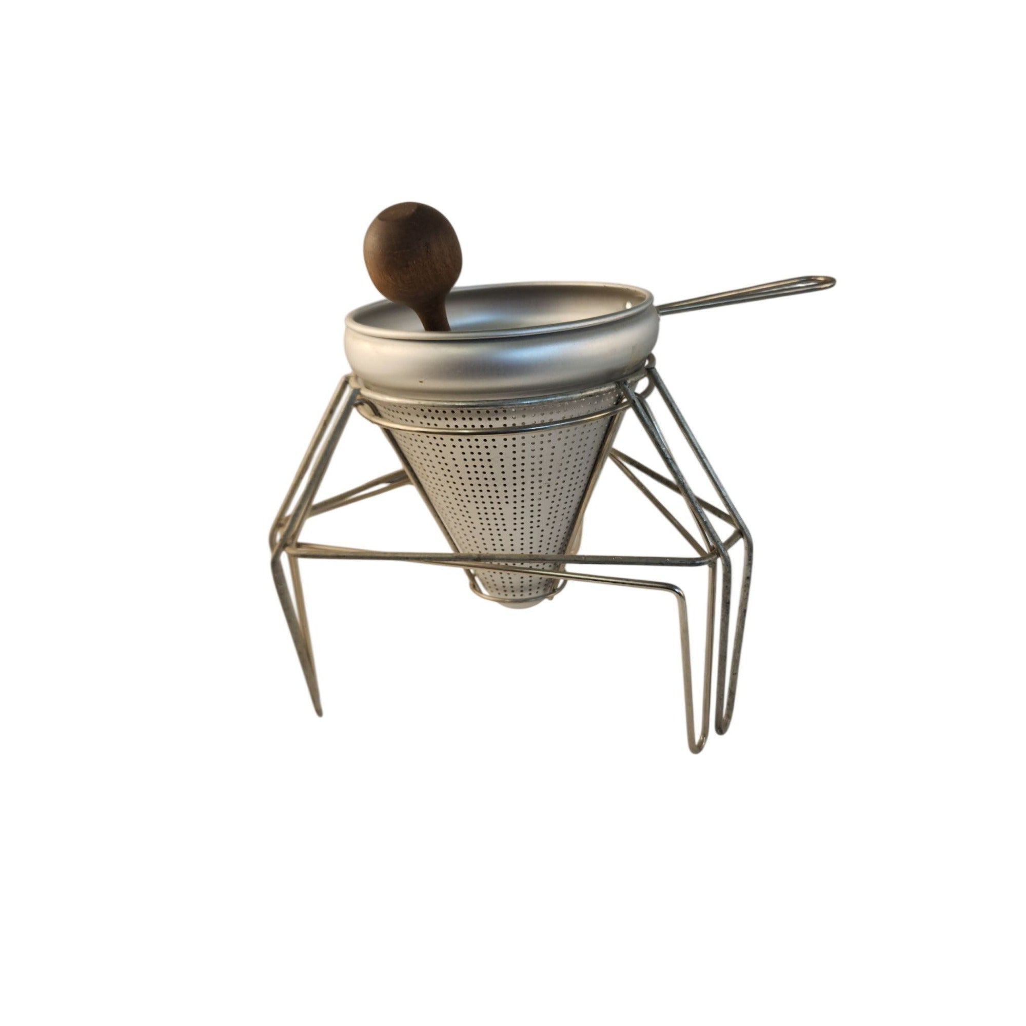 Vintage Aluminum Chinois Cone Strainer Sieve Food Mill With Wooden Pestle & 2 Wire Stands Applesauce Tomato Sauce Maker