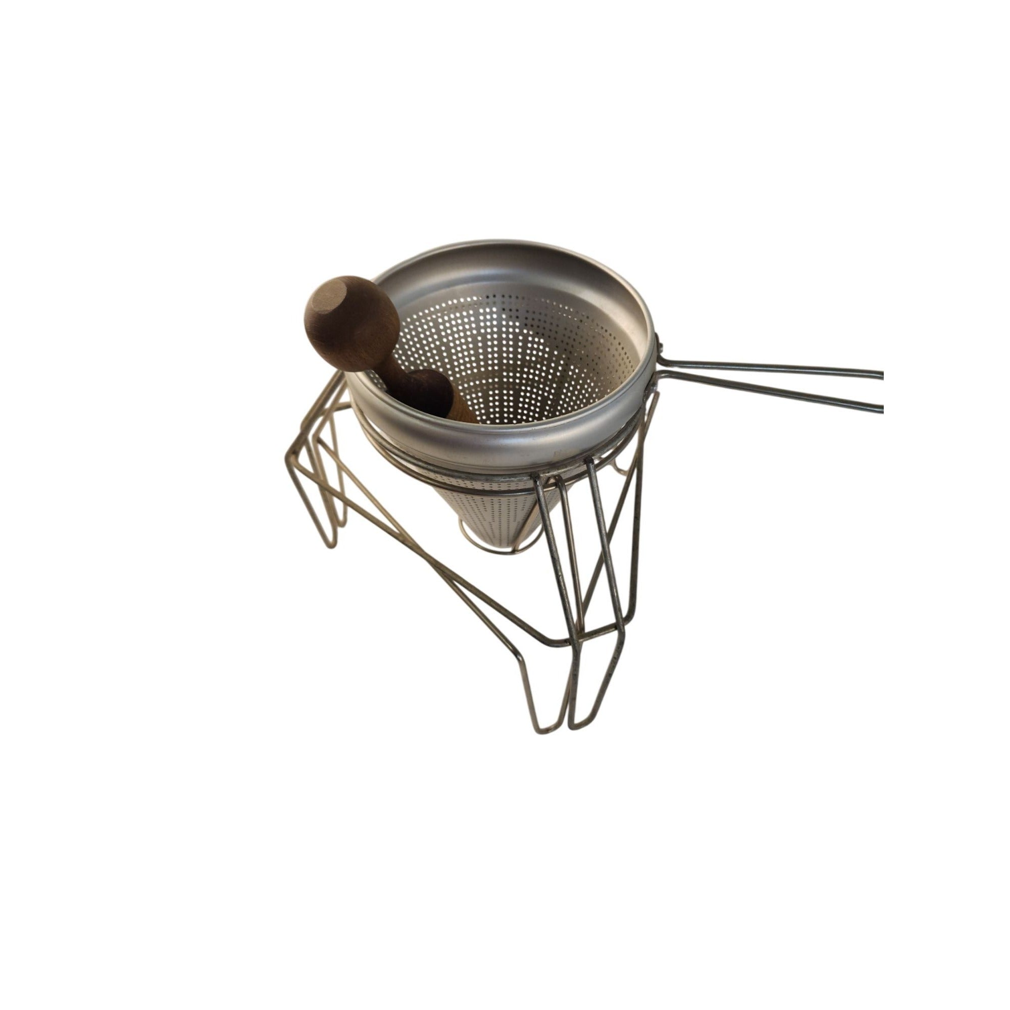 Vintage Aluminum Chinois Cone Strainer Sieve Food Mill With Wooden Pestle & 2 Wire Stands Applesauce Tomato Sauce Maker