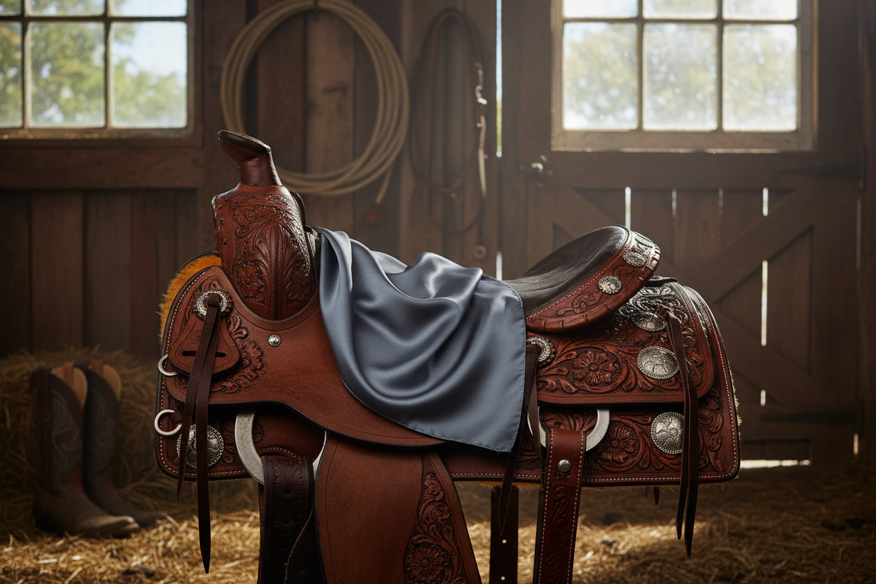 Steel blue wild rag 23x23 draped over western saddle with tack