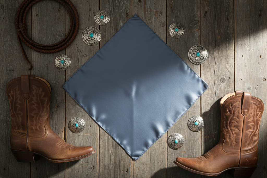Steel blue wild rag 23x23 laid flat in square shape with western accessories