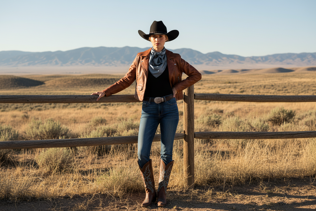 Steel blue wild rag 23x23 styled with leather jacket and boots
