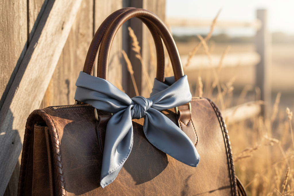 Steel blue wild rag 23x23 tied on western leather purse