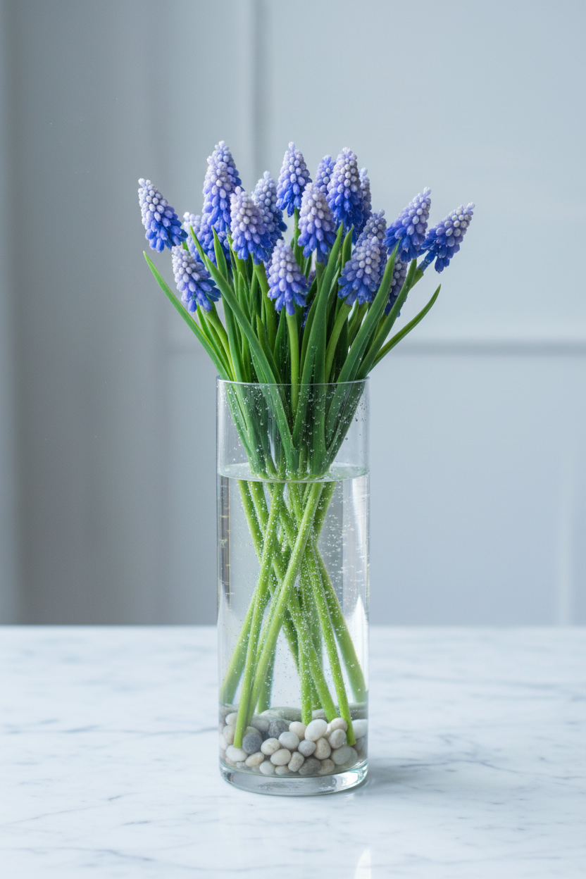 Submerged Grape Hyacinth in Clear Glass Cylinder Vase
