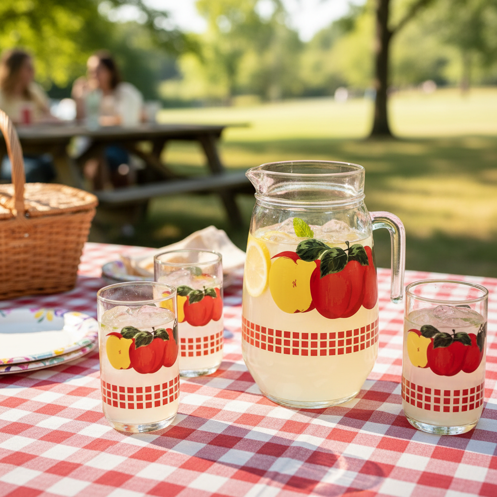 Vintage apple glass pitcher filled with lemonade and 4 matching glasses on checkered tablecloth at summer outdoor brunch