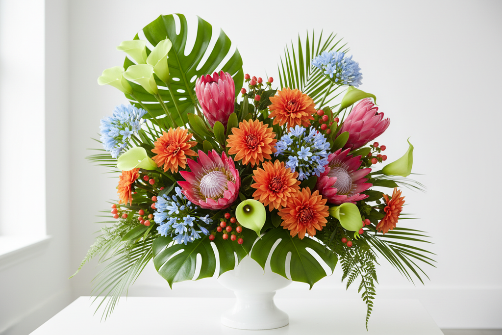 Summer Tropical – White Urn with Pink Protea & Blue Agapanthus
