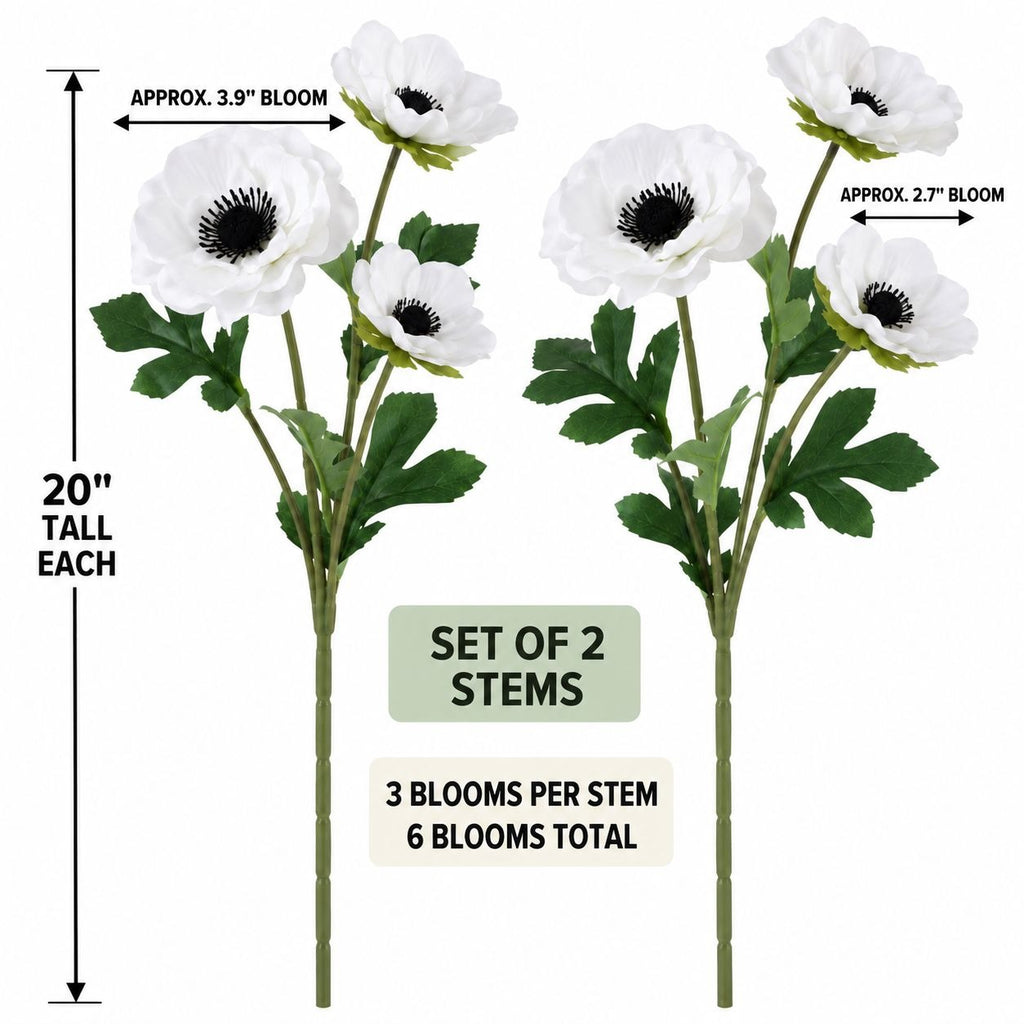 Two artificial white anemone flower stems with green leaves and stems, shown on a white background with measurement labels indicating approximately 20 inches tall each, 3.9 inches bloom width, and 2.