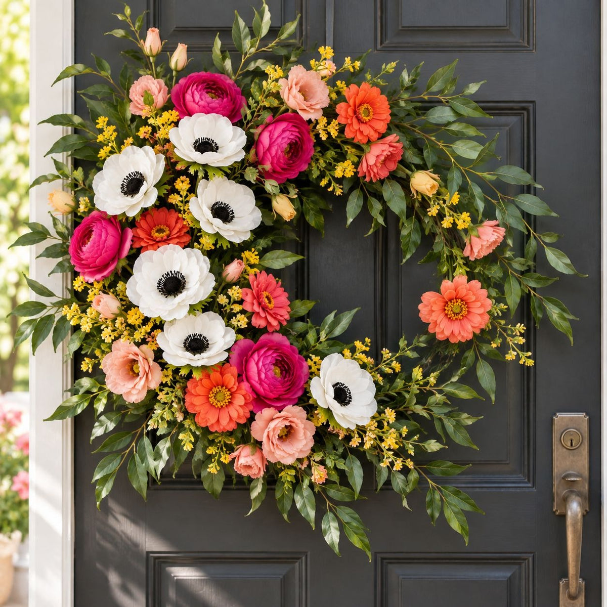 A lush, multicolor floral wreath with white, pink, and orange flowers, green foliage, and small yellow blossoms hanging on a dark charcoal gray paneled front door.