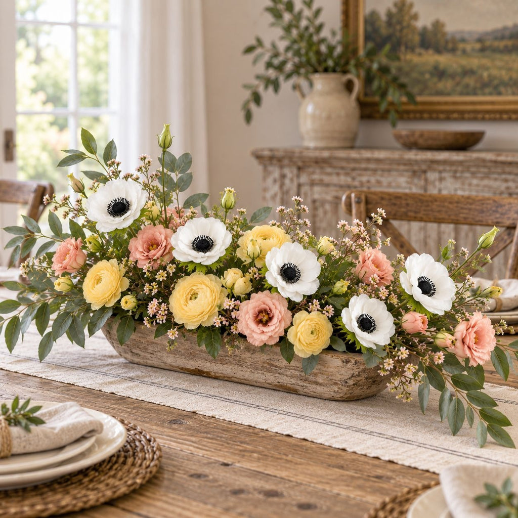 A rustic wooden table centerpiece filled with a mixed floral arrangement of white anemones, yellow and pink roses, and green eucalyptus, styled in a bright dining room setting.