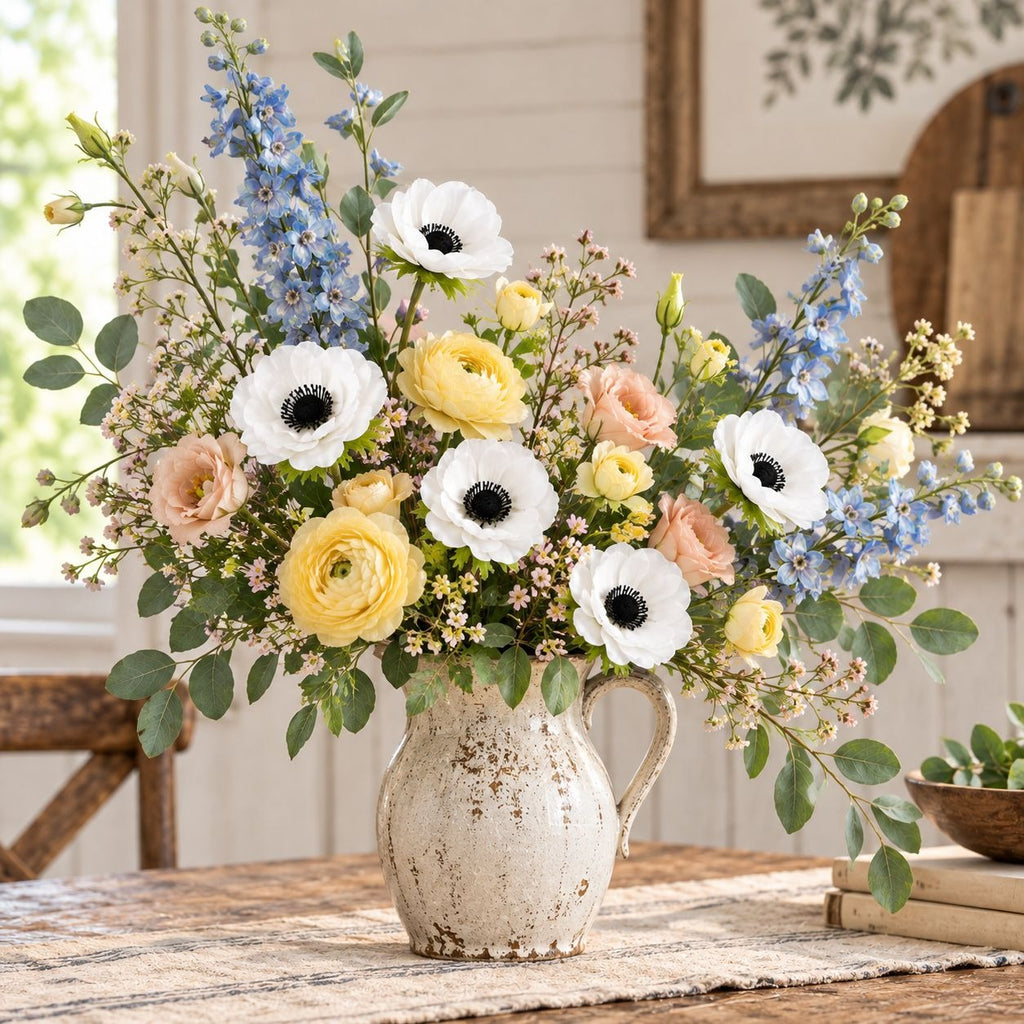 A large, vibrant artificial flower arrangement in a distressed white ceramic pitcher, displayed on a rustic wooden table in a bright, cozy room.