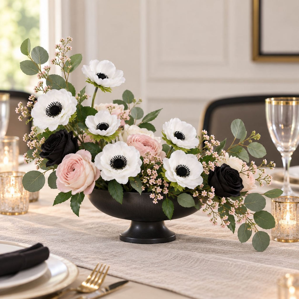 White Artificial Anemone Stems, Set of 2, 20 Inch, Black Centers