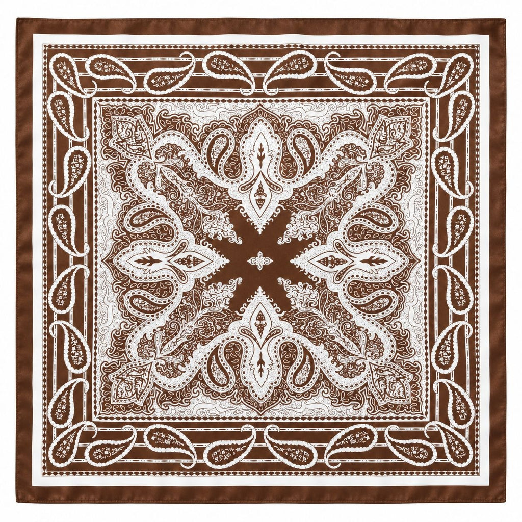 A square satin bandana featuring an intricate brown and white paisley pattern, shown flat against a white background.