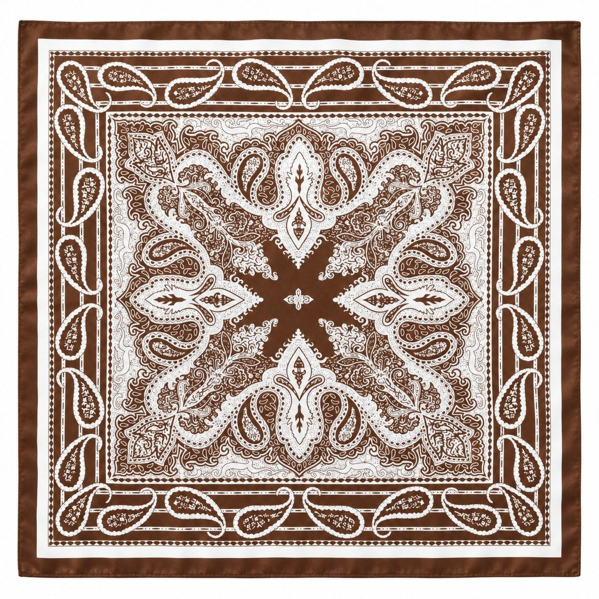 A square satin bandana featuring an intricate brown and white paisley pattern, shown flat against a white background.