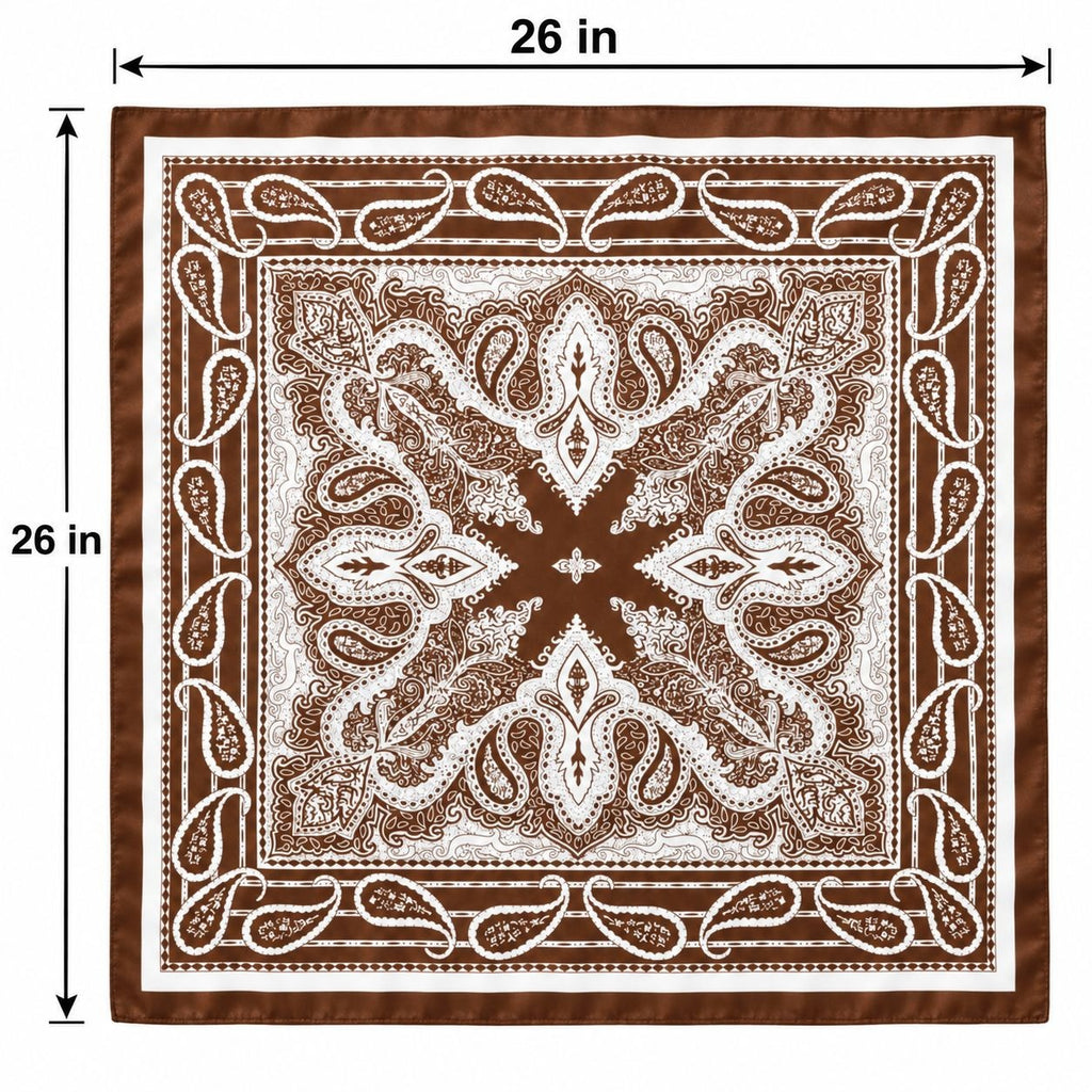 A square scarf with a brown and white paisley pattern, shown with dimension lines indicating 26 inches on each side.
