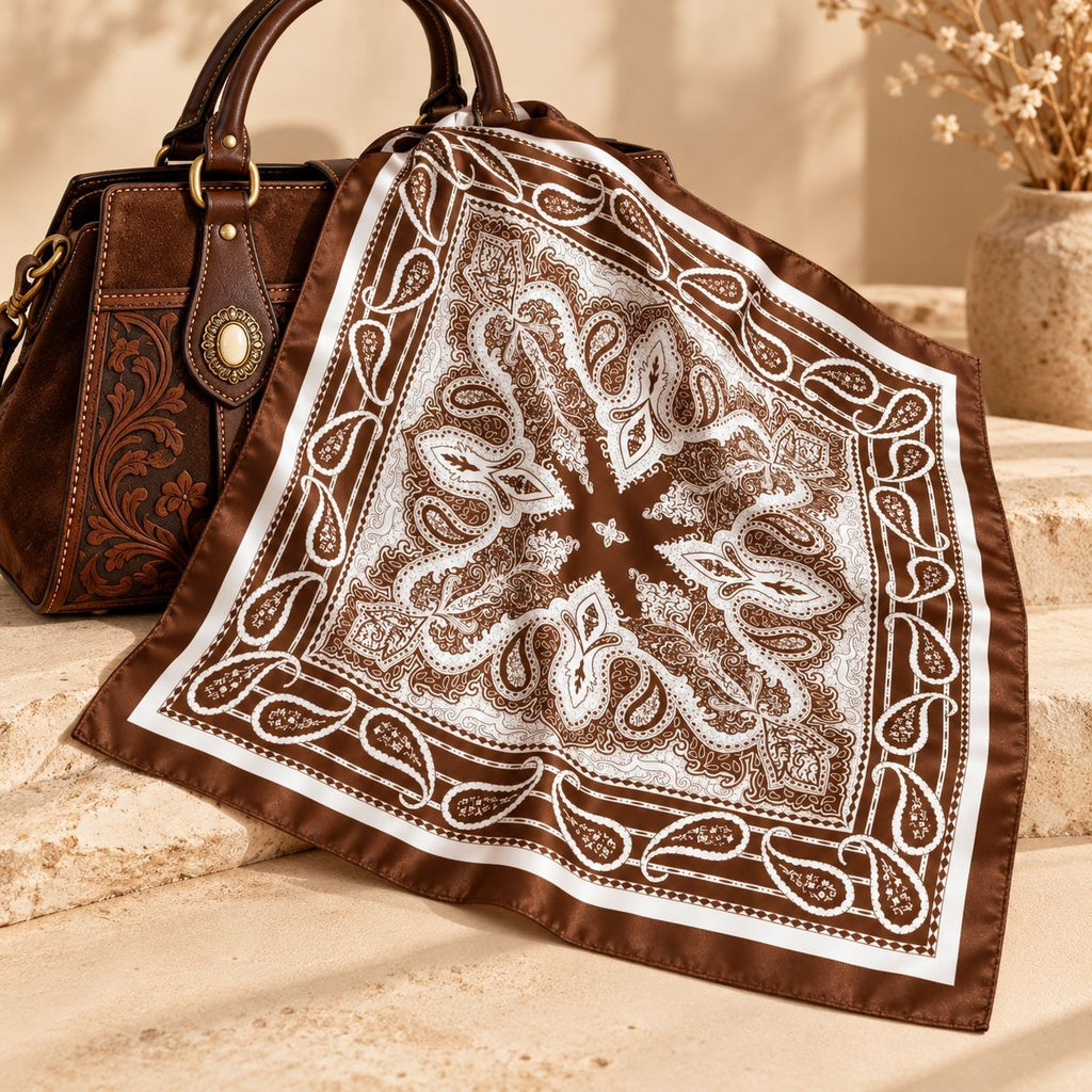 A brown and white paisley bandana scarf is draped over a brown leather handbag on beige stone steps, with dried flowers in a vase in the background.