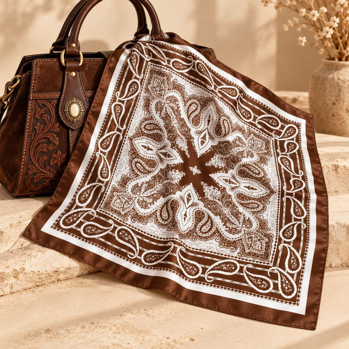 A brown and white paisley bandana scarf is draped over a brown leather handbag on beige stone steps, with dried flowers in a vase in the background.