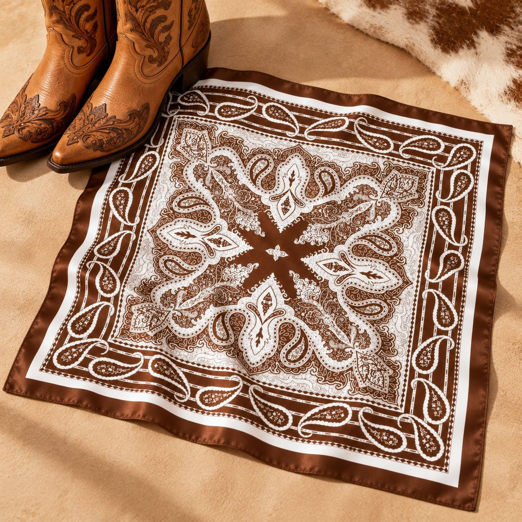 A brown and white paisley bandana scarf laid flat on a tan surface, with tan cowboy boots partially visible at the top left and a brown-and-white fur-like rug at the top right.