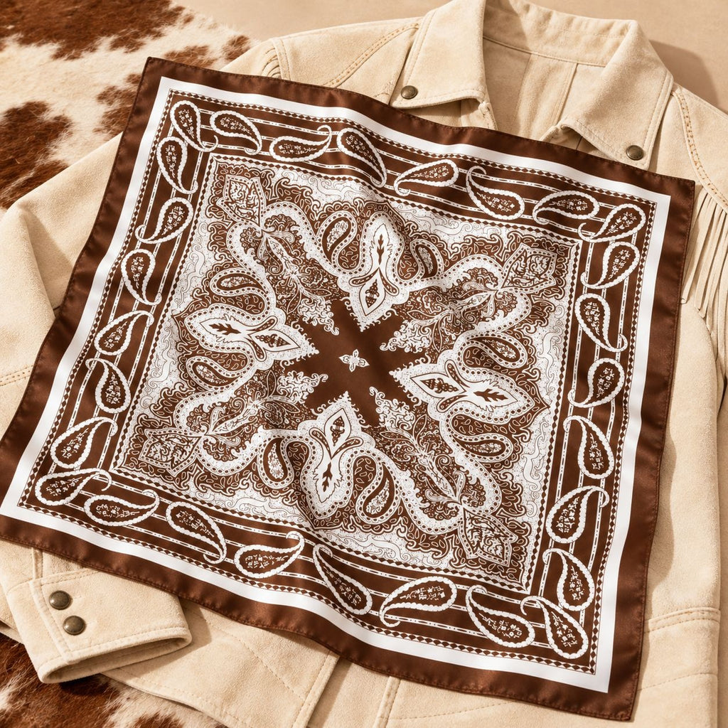 A square bandana with a brown and white paisley pattern, styled flat on top of a beige fringed jacket over a cowhide rug.