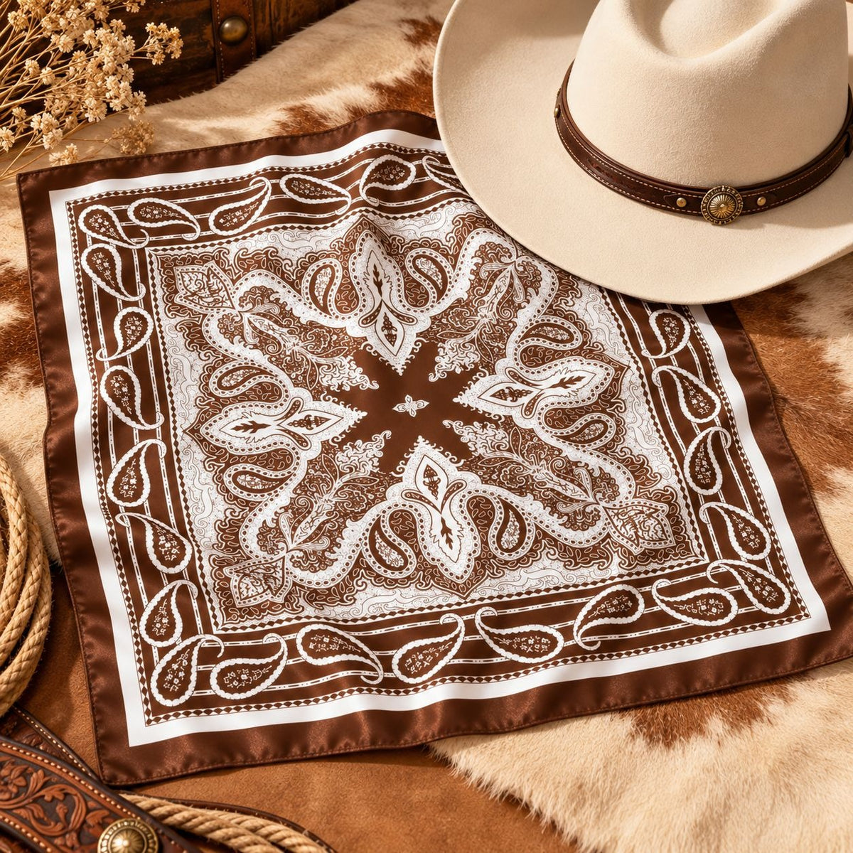 A square bandana with a brown and white paisley pattern, styled on a cowhide surface next to a cream-colored cowboy hat.