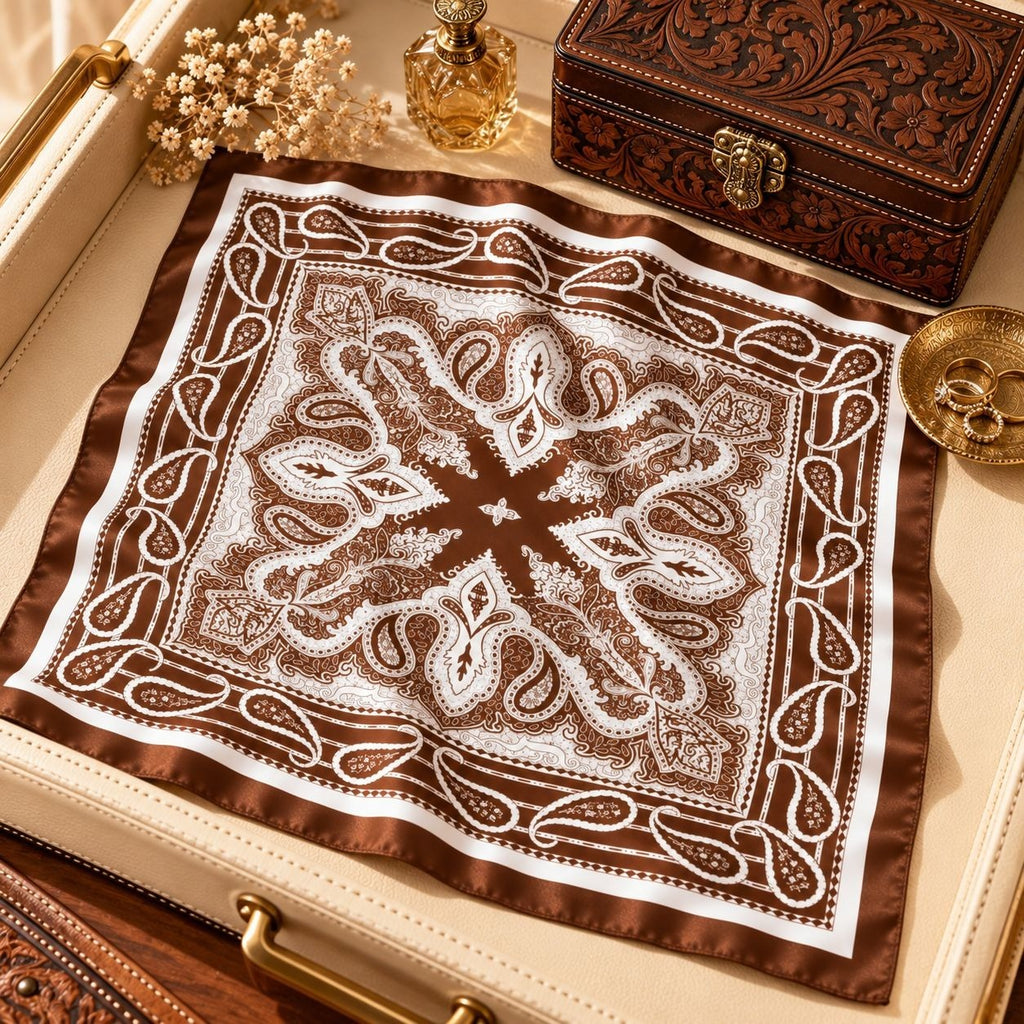 A square brown and white paisley bandana scarf is displayed in a vintage cream-colored suitcase, surrounded by decorative props including a gold perfume bottle, dried flowers, and an embossed leather box.
