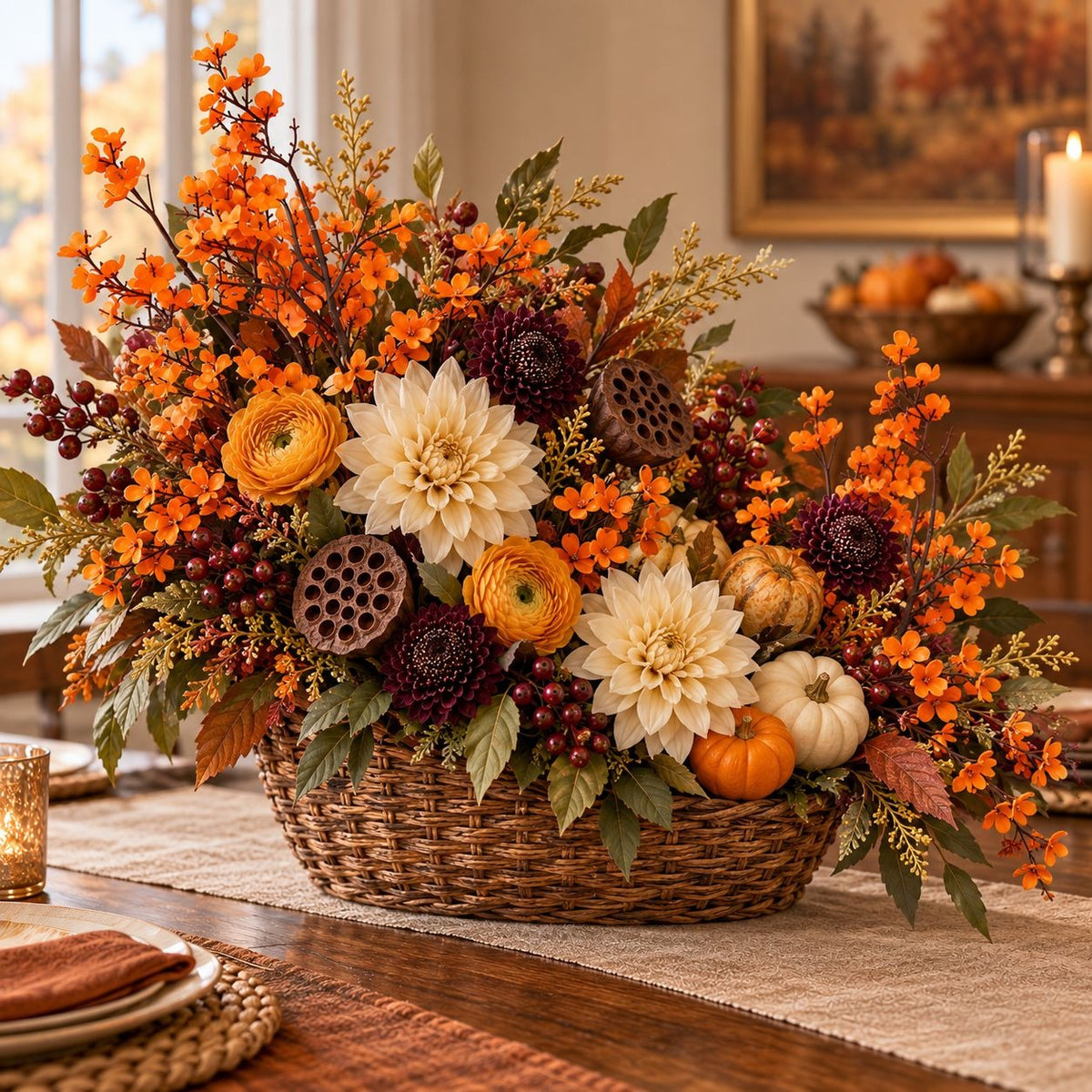 Orange Artificial Wax Flower Stems, Set of 5, 18 Inch Fall Filler