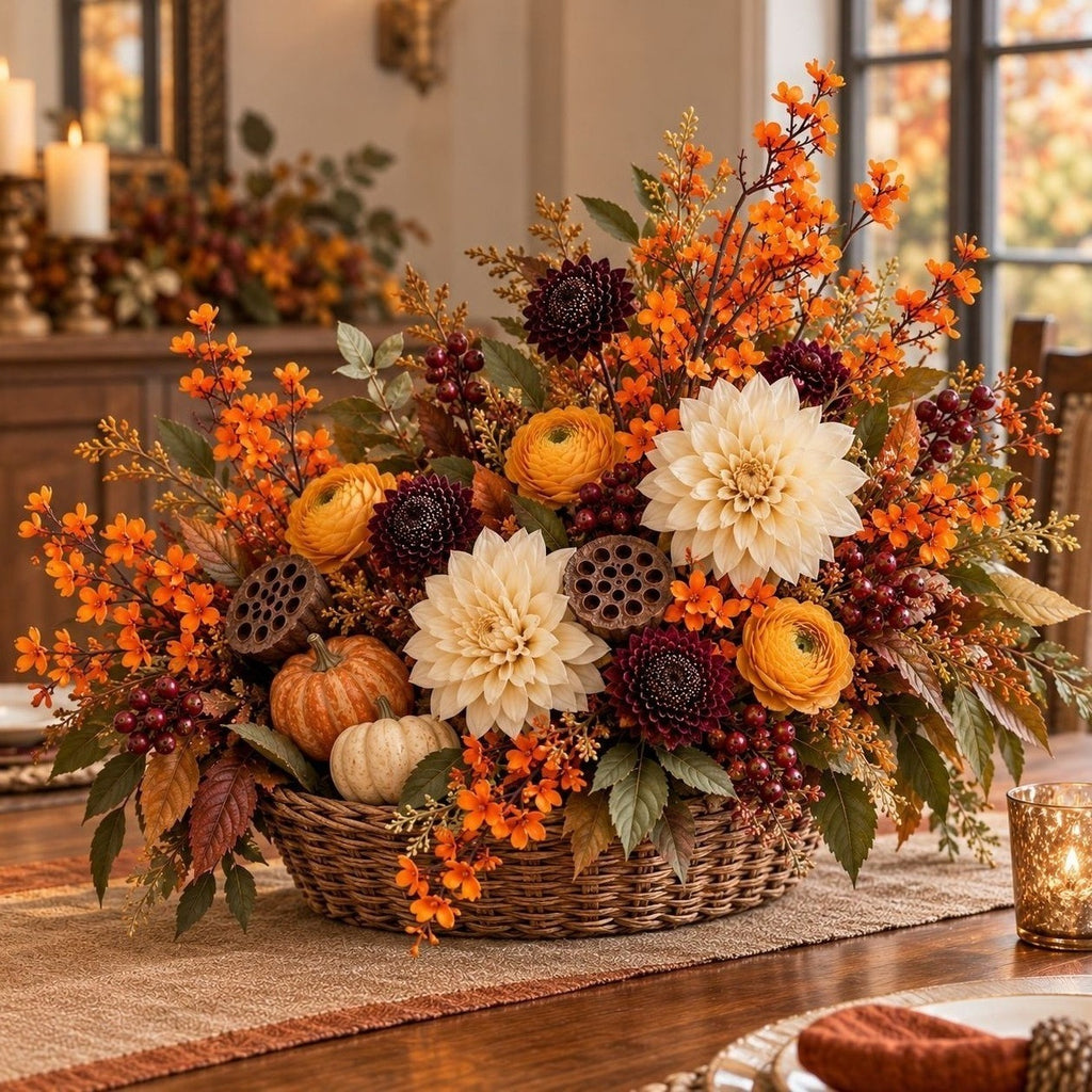 Orange Artificial Wax Flower Stems, Set of 5, 18 Inch Fall Filler