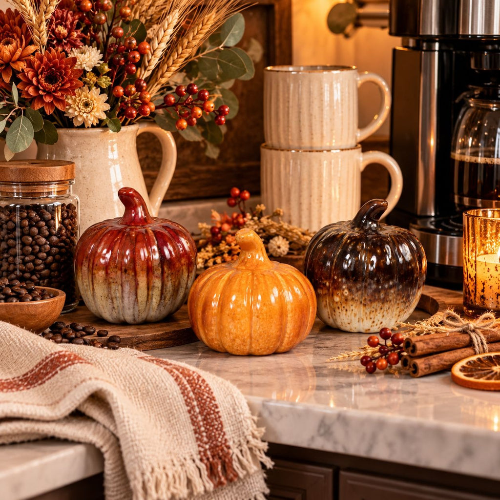 Fall Thanksgiving Ceramic Pumpkins Set of 3 Small Tabletop Harvest Decor New