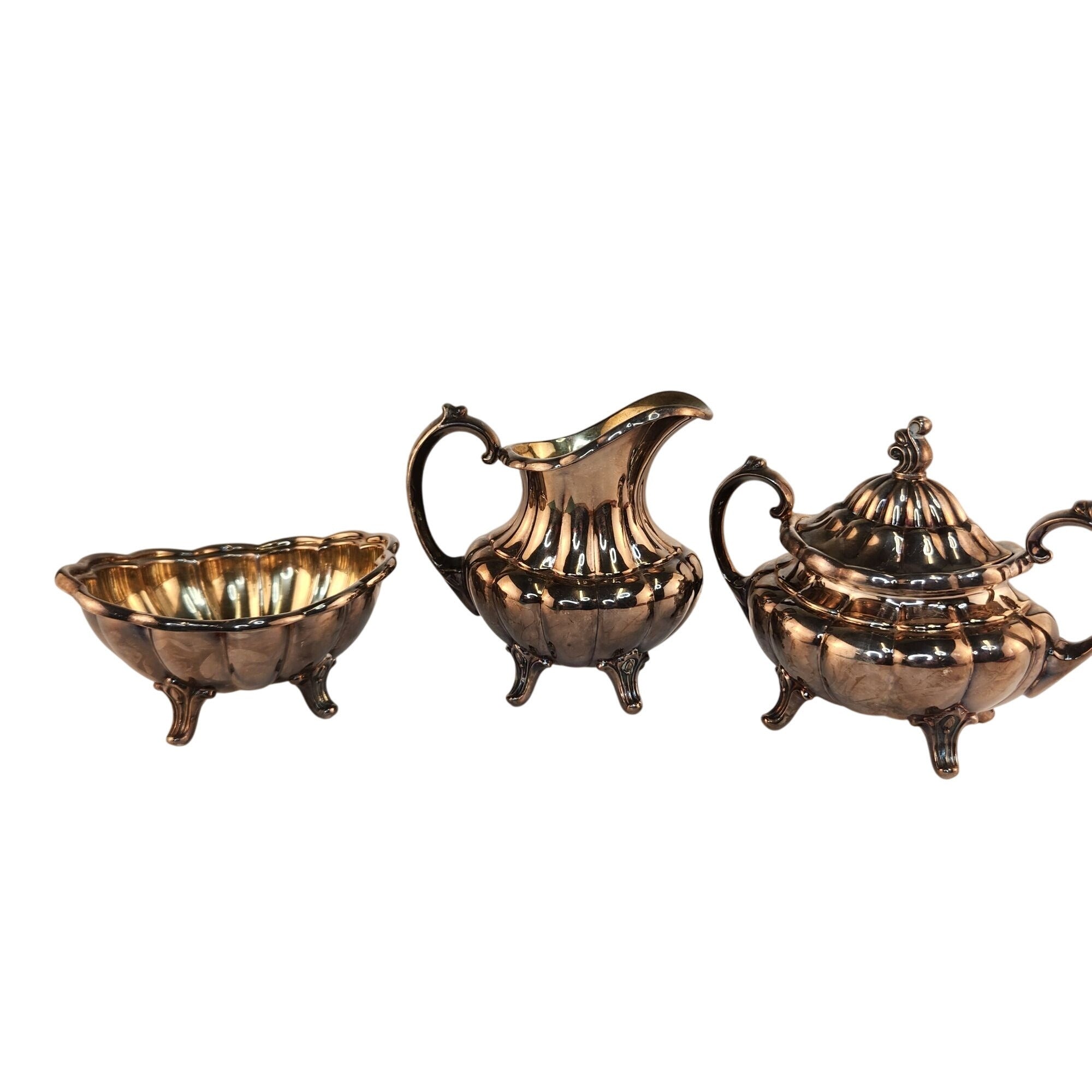 Vintage Reed & Barton 7050 Holiday Silver Plated Sugar Bowl Creamer Mint Bowl Set Victorian Style Made in USA