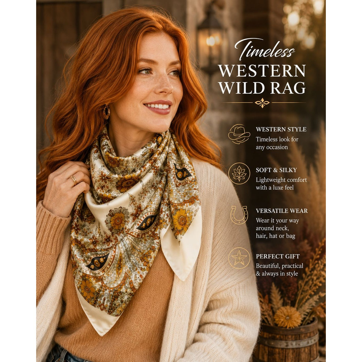 Cream Paisley Wild Rag Scarf Western Cowgirl Satin Scarf 35x35 Boutique Rodeo Fashion Hair Scarf