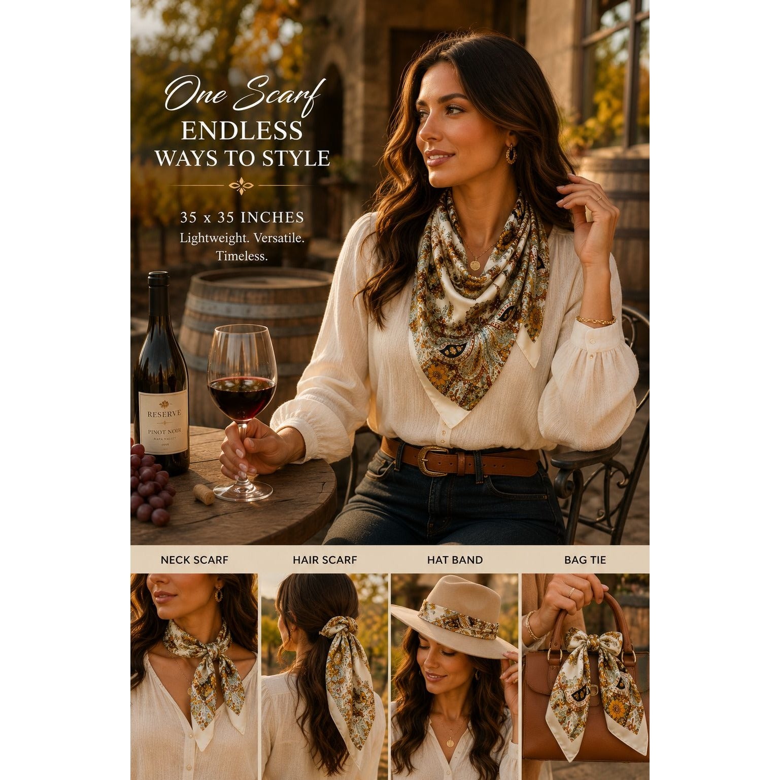 Cream Paisley Wild Rag Scarf Western Cowgirl Satin Scarf 35x35 Boutique Rodeo Fashion Hair Scarf