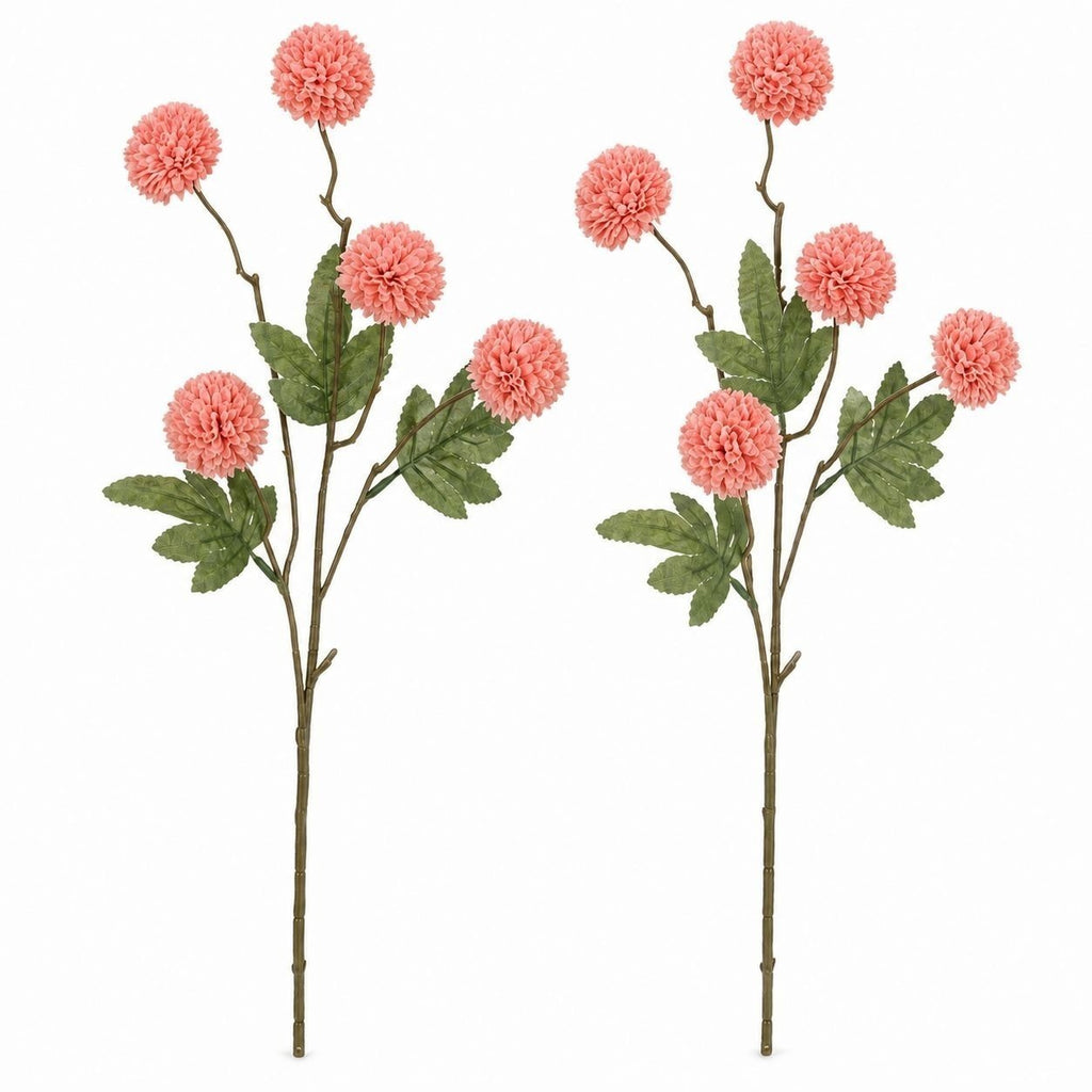 Coral Pink Pom Pom Chrysanthemum Stems Set of 2, 20 Inch Artificial Silk Flowers