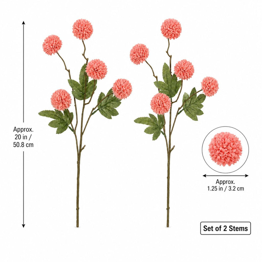 Two artificial pink pom-pom flower stems with green leaves on a white background, with dimension arrows and text indicating the height is approximately 20 inches (50.8 cm) and the flower diameter is approximately 1.