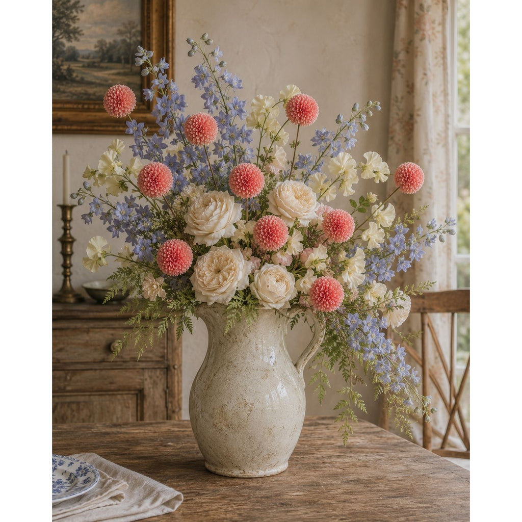 A large rustic cream-colored ceramic pitcher vase filled with a lush floral arrangement of coral pink pom-pom daisies, cream roses, and light blue delphiniums, displayed on a wooden table in a vintage-style room.