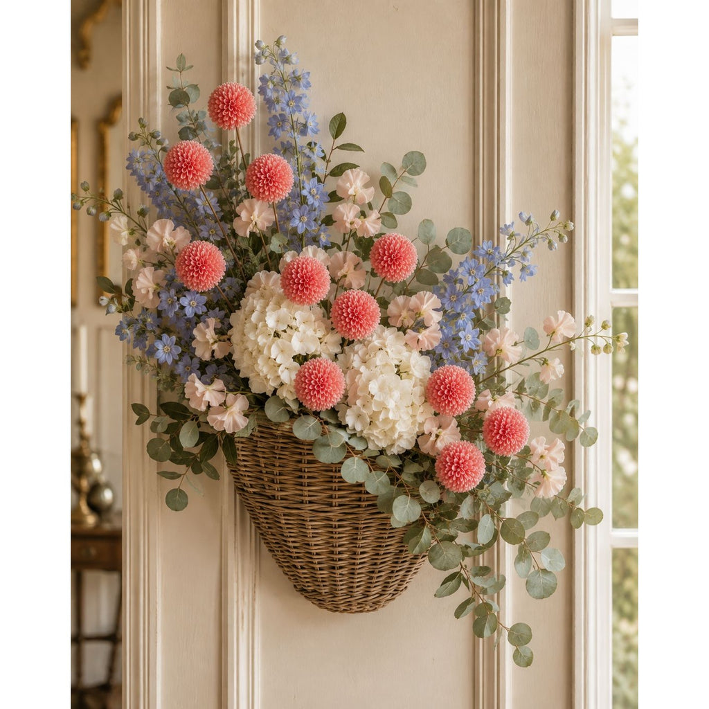 A wicker basket wall hanging filled with a floral arrangement of white and blush pink hydrangeas, coral pom-pom flowers, blue delphiniums, and eucalyptus leaves, displayed on a cream paneled door.