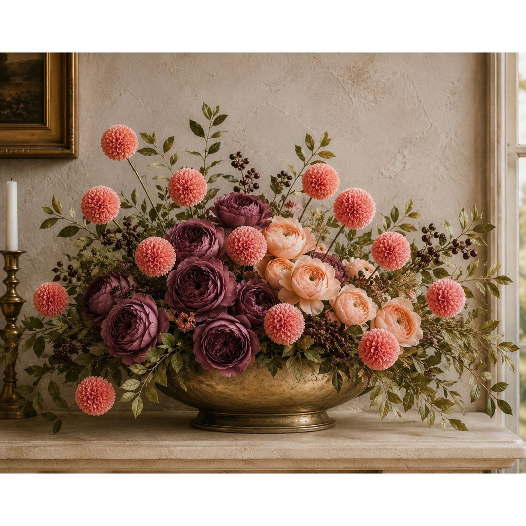 Coral Pink Pom Pom Chrysanthemum Stems Set of 2, 20 Inch Artificial Silk Flowers