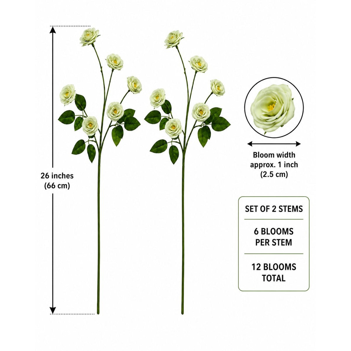 Two artificial rose stems with pale cream blooms and green leaves, shown on a white background with measurement and detail callouts indicating 26 inches total height, 6 blooms per stem, and 12 total blooms.