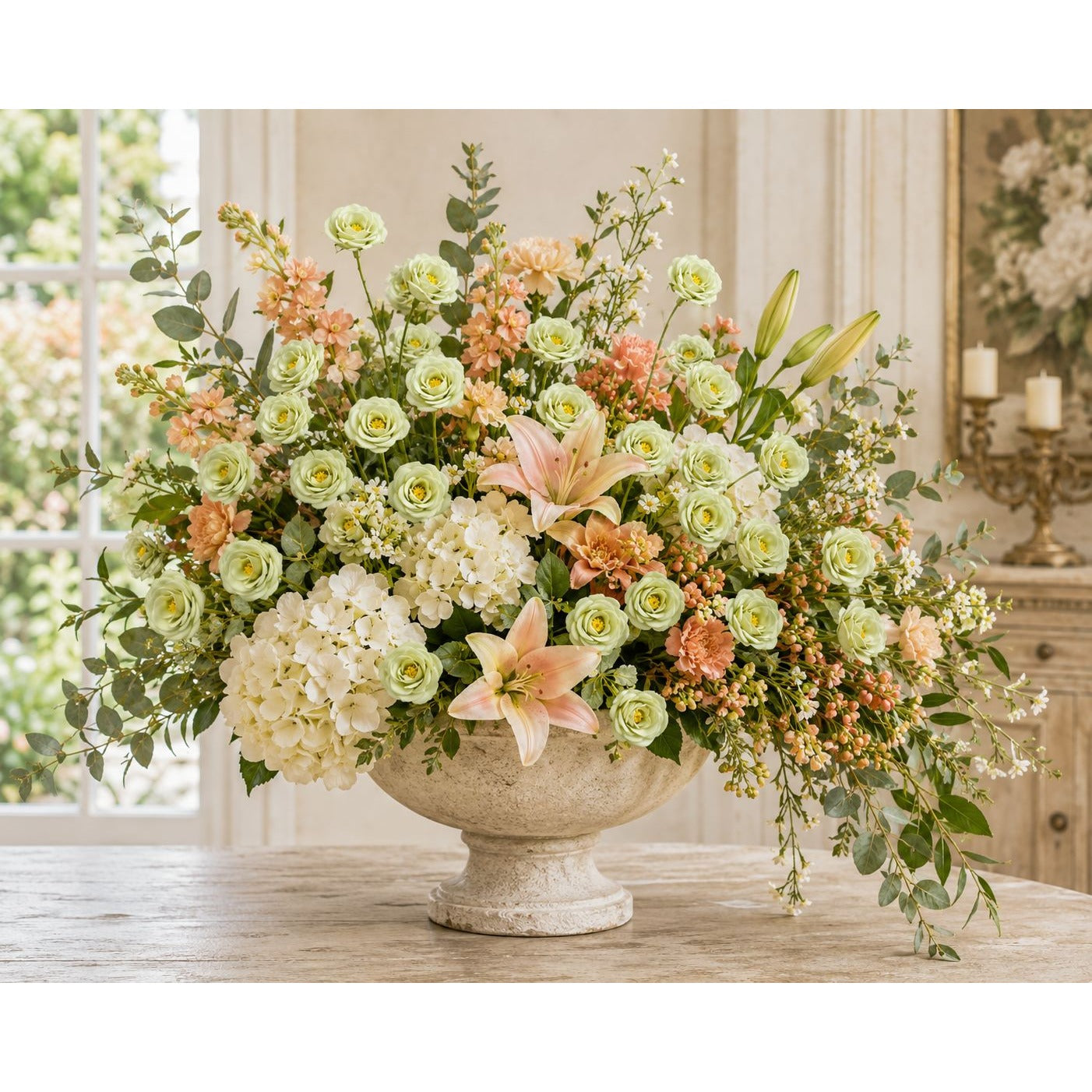 A large, lush floral arrangement in a textured stone urn, featuring white and pale green roses, hydrangeas, peach lilies, and green foliage, displayed on a rustic wooden table in a bright, elegant room.