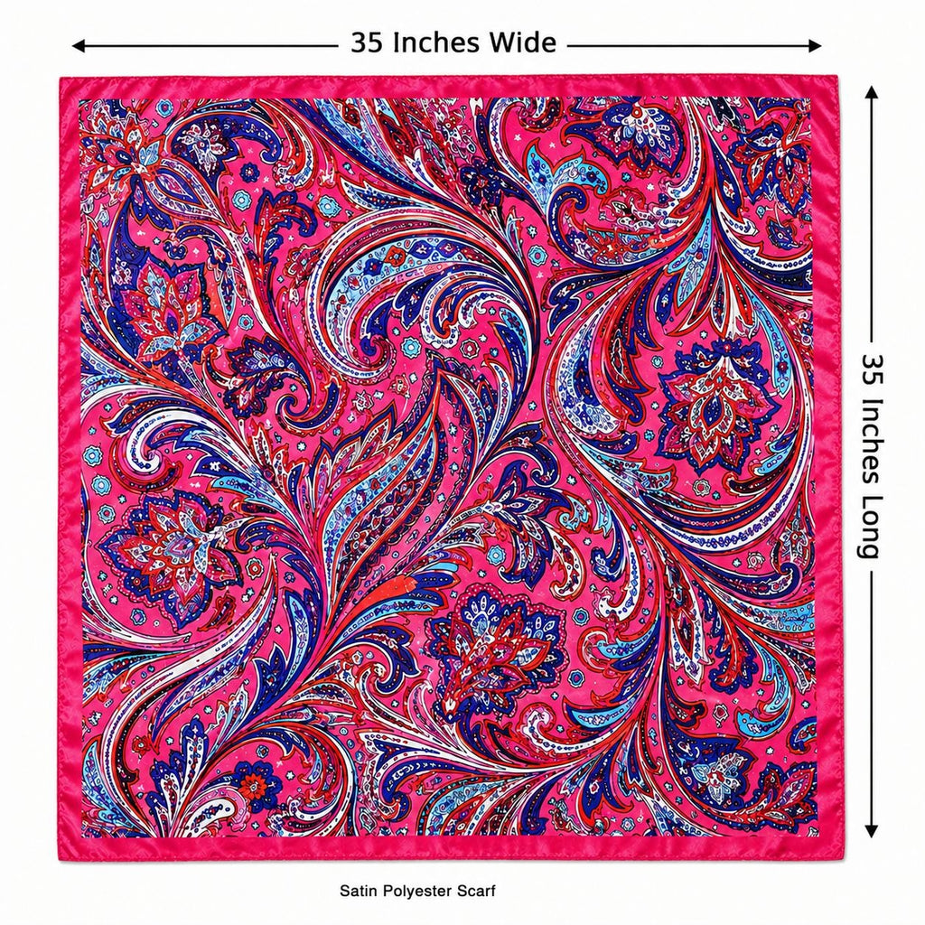 A square satin polyester scarf with a vibrant pink, blue, and white paisley pattern, shown with dimension lines indicating it is 35 inches wide by 35 inches long.