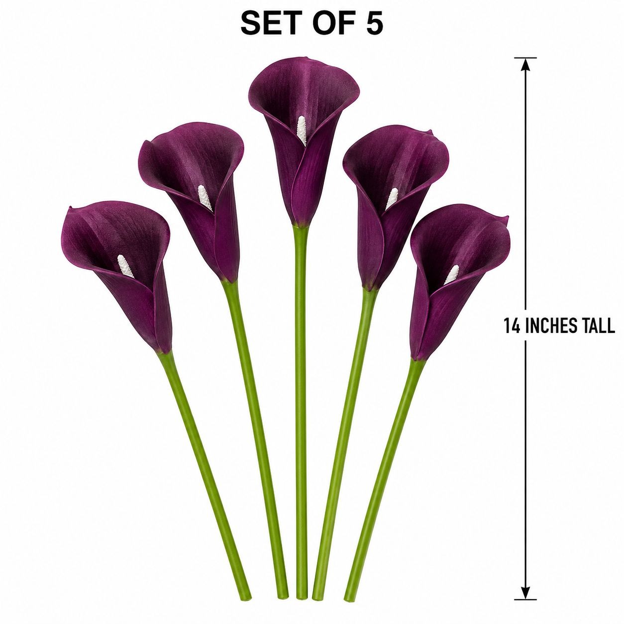 Deep Plum Calla Lily Stems Set of 5, 14 Inch Artificial Flowers, Wired Faux Florals for Wreaths Wedding Decor